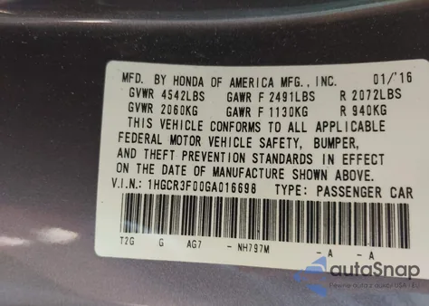 2016 Honda Accord Ex-L z USA, uszkodzony, nr VIN 1HGCR3F00GA016698